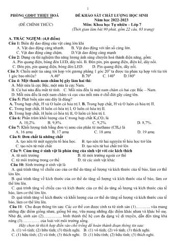 Đề khảo sát chất lượng học sinh môn Khoa học tự nhiên Lớp 7 - Năm học 2022-2023 - Phòng GDĐT Thiệu Hóa (Có đáp án)