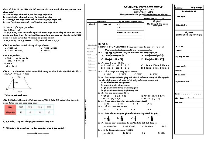 Đề kiểm tra chất lượng cuối kì 1 môn Toán Lớp 6 - Năm học 2022-2023