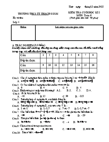 Đề kiểm tra cuối kì I môn Toán Lớp 6 - Năm học 2022-2023 - Trường THCS TT Thạch Giám