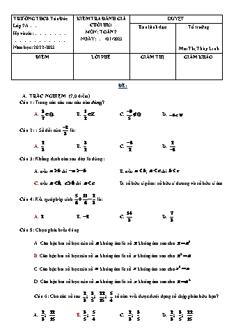 Đề kiểm tra đánh giá cuối học kì 1 môn Toán Lớp 7 - Năm học 2022-2023 - Trường THCS Tân Đức