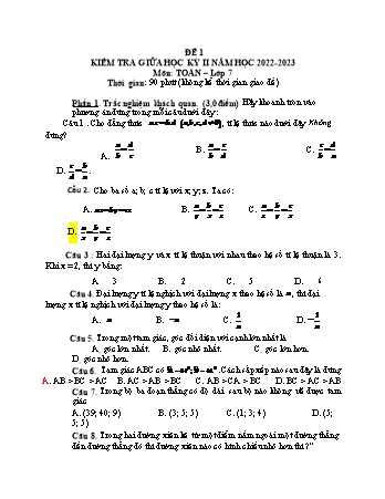 Đề kiểm tra giữa học kì II môn Toán Lớp 7 - Năm học 2022-2023 (Có đáp án)