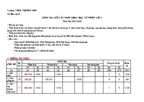 Đề kiểm tra giữa kì 1 môn Khoa học tự nhiên Lớp 6 - Năm học 2022-2023 - Trường THCS Trường Sơn