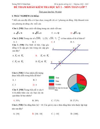 Đề tham khảo kiểm tra học kì 1 môn Toán Lớp 7 - Năm học 2022-2023 - Trường THCS P. Bình Định