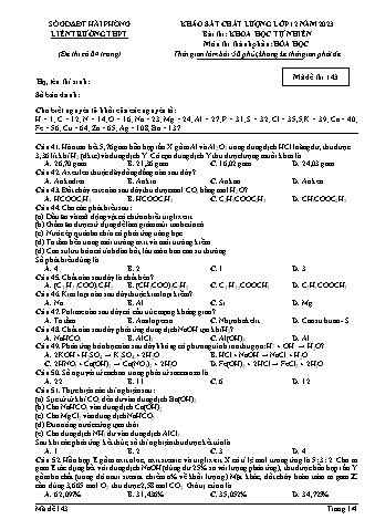 Đề khảo sát chất lượng Hóa học 12 - Mã đề 143 - Sở GD&ĐT Hải Phòng (Có đáp án + Ma trận)
