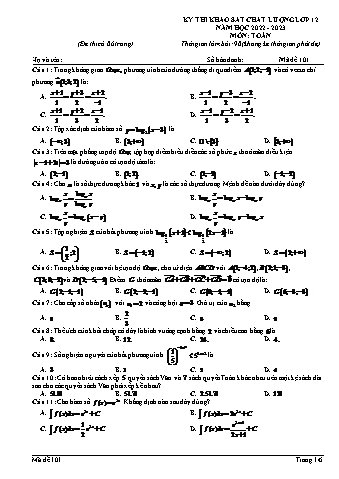 Đề khảo sát chất lượng Toán 12 - Mã đề 101 - Năm học 2022-2023 (Có đáp án)
