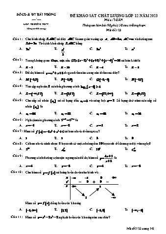Đề khảo sát chất lượng Toán 12 - Mã đề 123 - Sở GD&ĐT Hải Phòng (Có đáp án)