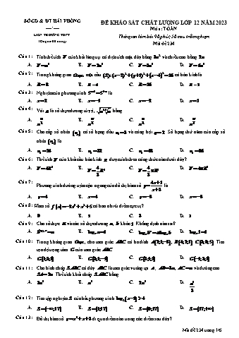 Đề khảo sát chất lượng Toán 12 - Mã đề 234 - Sở GD&ĐT Hải Phòng (Có đáp án)