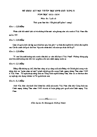 Đề khảo sát HSG Lịch sử 12 - Bảng B - Năm học 2023-2024 (Có đáp án)