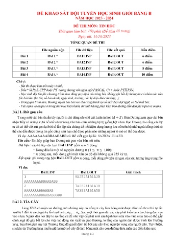 Đề khảo sát HSG Tin học 11 - Bảng B - Năm học 2023-2024