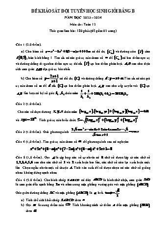 Đề khảo sát HSG Toán 12 - Bảng B - Năm học 2023-2024 (Có đáp án)