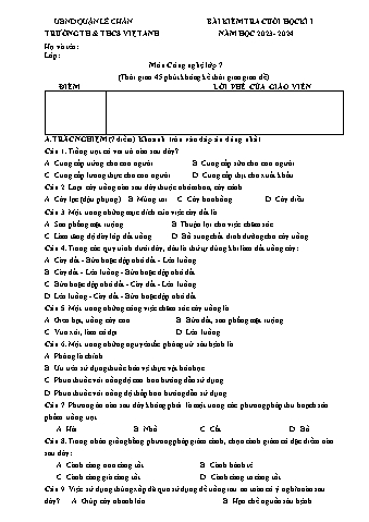 Đề kiểm tra cuối học kì I Công nghệ 7 - Năm học 2023-2024 - Trường TH&THCS Việt-Anh (Có đáp án)