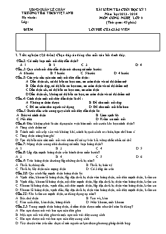 Đề kiểm tra cuối học kì I Công nghệ 9 - Năm học 2023-2024 - Trường TH&THCS Việt-Anh (Có đáp án)
