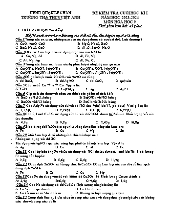 Đề kiểm tra cuối học kì I Hóa học 9 - Năm học 2023-2024 - Trường TH&THCS Việt-Anh (Có đáp án + Ma trận)