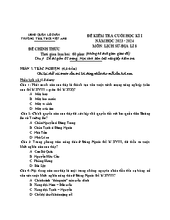 Đề kiểm tra cuối học kì I Lịch sử và Địa lí 8 - Năm học 2023-2024 - Trường TH&THCS Việt-Anh (Có đáp án + Ma trận)