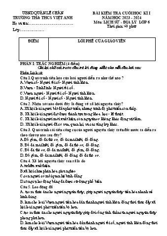 Đề kiểm tra cuối học kì I Lịch sử và Địa lí Lớp 6 - Năm học 2023-2024 - Trường TH&THCS Việt-Anh (Có đáp án)