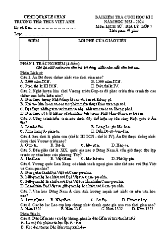 Đề kiểm tra cuối học kì I Lịch sử và Địa lí Lớp 7 - Năm học 2023-2024 - Trường TH&THCS Việt-Anh (Có đáp án)