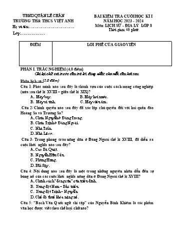 Đề kiểm tra cuối học kì I Lịch sử và Địa lí Lớp 8 - Năm học 2023-2024 - Trường TH&THCS Việt-Anh (Có đáp án)