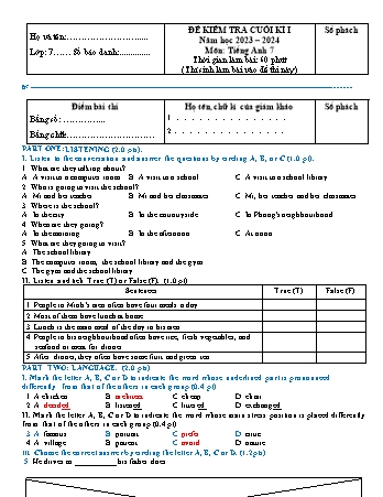 Đề kiểm tra cuối học kì I Tiếng Anh 7 - Năm học 2023-2024 (Có đáp án + File nghe)