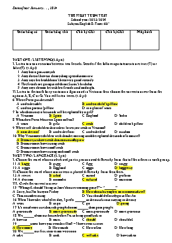 Đề kiểm tra cuối học kì I Tiếng Anh 8 - Năm học 2023-2024 (Có đáp án + File nghe)