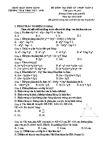 Đề kiểm tra cuối học kì I Toán 8 - Năm học 2023-2024 - Trường TH&THCS Việt-Anh (Có đáp án)