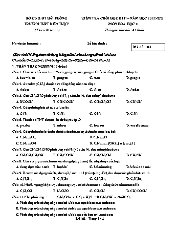 Đề kiểm tra cuối học kì II Hóa học 11 - Mã đề 103 - Năm học 2022-2023 - Trường THPT Kiến Thụy (Có đáp án + Ma trận)