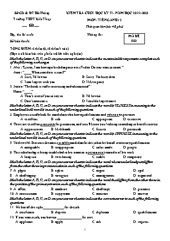 Đề kiểm tra cuối học kì II Tiếng Anh 12 - Mã đề 003 - Năm học 2022-2023 - Trường THPT Kiến Thụy (Có đáp án + Ma trận)