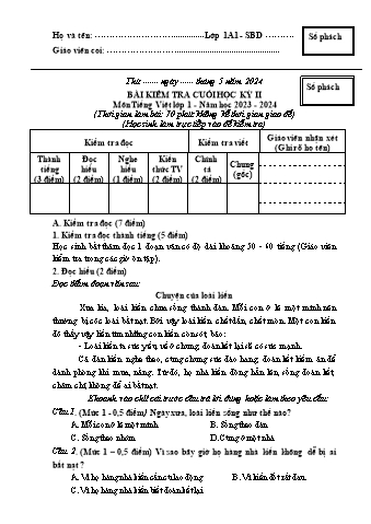 Đề kiểm tra cuối học kì II Tiếng Việt 1 - Năm học 2023-2024 - Trường TH&THCS Việt-Anh (Có đáp án + Ma trận)