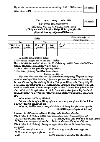 Đề kiểm tra cuối học kì II Tiếng Việt 2 - Năm học 2023-2024 - Trường TH&THCS Việt-Anh (Có đáp án + Ma trận)
