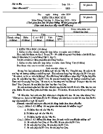 Đề kiểm tra cuối học kì II Tiếng Việt 3 - Năm học 2023-2024 - Trường TH&THCS Việt-Anh (Có đáp án + Ma trận)