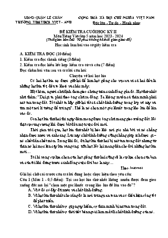 Đề kiểm tra cuối học kì II Tiếng Việt 5 - Năm học 2023-2024 - Trường TH&THCS Việt-Anh (Có đáp án + Ma trận)