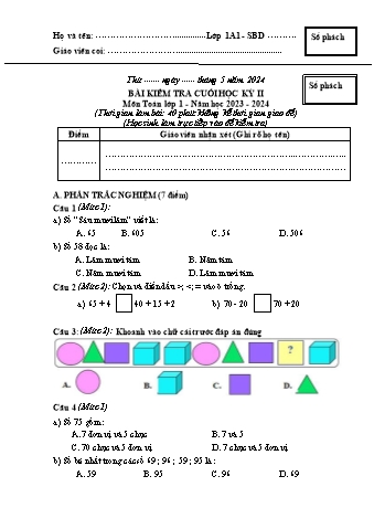 Đề kiểm tra cuối học kì II Toán 1 - Năm học 2023-2024 - Trường TH&THCS Việt-Anh (Có đáp án + Ma trận)