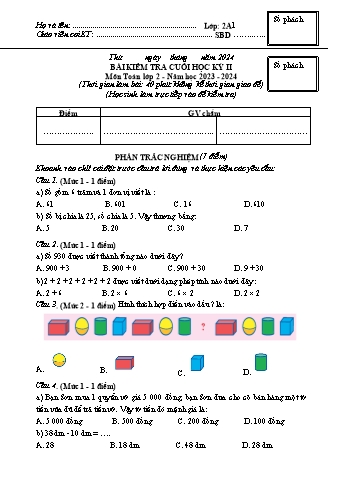 Đề kiểm tra cuối học kì II Toán 2 - Năm học 2023-2024 - Trường TH&THCS Việt-Anh (Có đáp án + Ma trận)