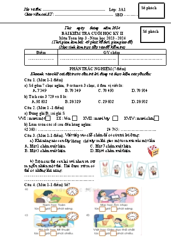 Đề kiểm tra cuối học kì II Toán 3 - Năm học 2023-2024 - Trường TH&THCS Việt-Anh (Có đáp án + Ma trận)