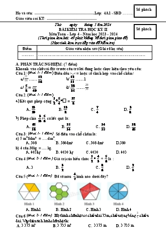Đề kiểm tra cuối học kì II Toán 4 - Năm học 2023-2024 - Trường TH&THCS Việt-Anh (Có đáp án + Ma trận)