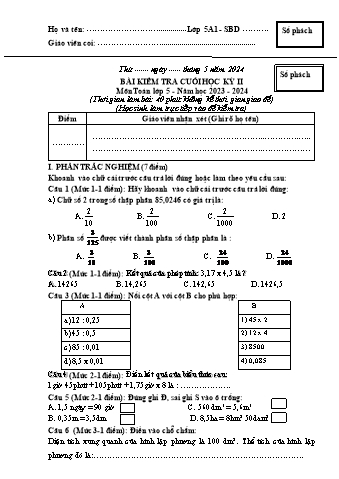 Đề kiểm tra cuối học kì II Toán 5 - Năm học 2023-2024 - Trường TH&THCS Việt-Anh (Có đáp án + Ma trận)