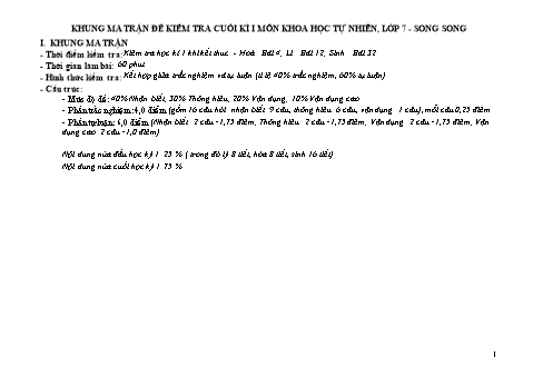 Đề kiểm tra cuối kì I Khoa học tự nhiên 7 - Năm học 2023-2024 (Có đáp án + Ma trận)