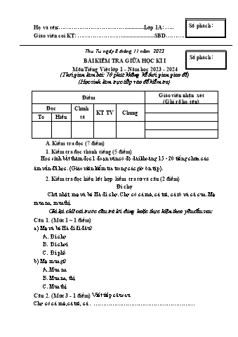 Đề kiểm tra giữa học kì I Tiếng Việt 1 - Năm học 2023-2024 - Trường Tiểu học Ngô Gia Tự (Có đáp án + Ma trận)