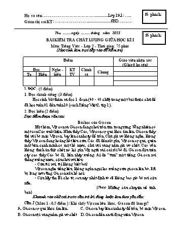 Đề kiểm tra giữa học kì I Tiếng Việt 2 - Năm học 2023-2024 - Trường TH&THCS Việt-Anh (Có đáp án + Ma trận)