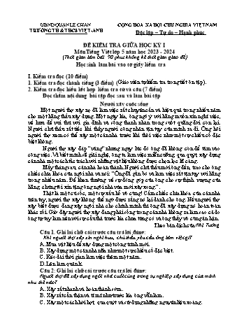 Đề kiểm tra giữa học kì I Tiếng Việt 5 - Năm học 2023-2024 - Trường TH&THCS Việt-Anh (Có đáp án + Ma trận)