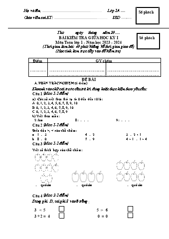 Đề kiểm tra giữa học kì I Toán 1 - Năm học 2023-2024 - Trường TH&THCS Việt-Anh (Có đáp án + Ma trận)