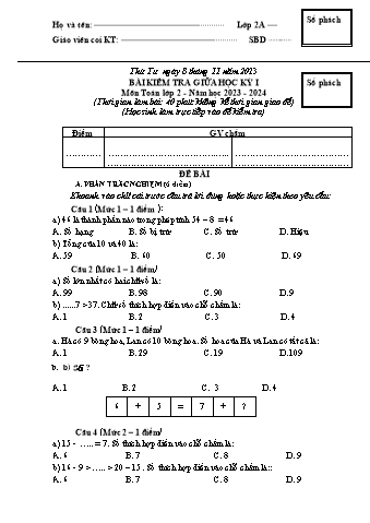 Đề kiểm tra giữa học kì I Toán 2 - Năm học 2023-2024 - Trường TH&THCS Việt-Anh (Có đáp án + Ma trận)