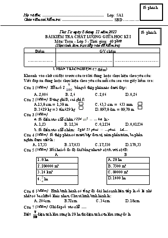 Đề kiểm tra giữa học kì I Toán 5 - Năm học 2023-2024 - Trường TH&THCS Việt-Anh (Có đáp án + Ma trận)