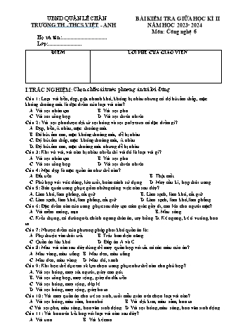 Đề kiểm tra giữa học kì II Công nghệ 6 - Năm học 2023-2024 - Trường TH&THCS Việt-Anh (Có đáp án + Ma trận)