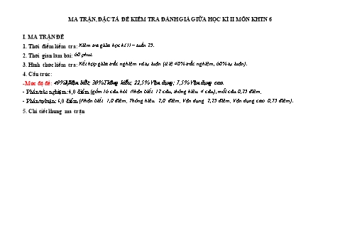 Đề kiểm tra giữa học kì II Khoa học tự nhiên 6 - Năm học 2023-2024 (Có đáp án + Ma trận)