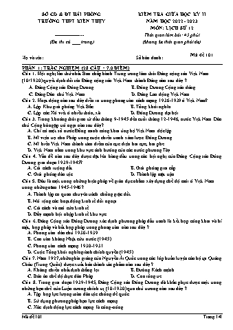 Đề kiểm tra giữa học kì II Lịch sử 12 - Mã đề 101 - Năm học 2022-2023 - Trường THPT Kiến Thụy (Có đáp án)