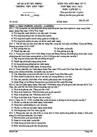 Đề kiểm tra giữa học kì II Lịch sử 12 - Mã đề 104 - Năm học 2022-2023 - Trường THPT Kiến Thụy (Có đáp án)