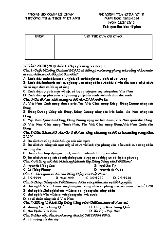 Đề kiểm tra giữa học kì II Lịch sử 9 - Năm học 2023-2024 - Trường TH&THCS Việt-Anh (Có đáp án + Ma trận)