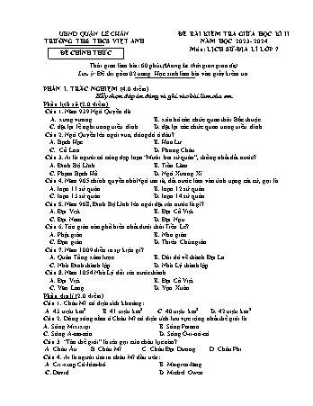 Đề kiểm tra giữa học kì II Lịch sử và Địa lí 7 - Năm học 2023-2024 - Trường TH&THCS Việt Anh (Có đáp án + Ma trận)