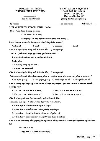 Đề kiểm tra giữa học kì II Tin học 11 - Mã đề 234 - Năm học 2022-2023 - Trường THPT Kiến Thụy (Có đáp án + Ma trận)