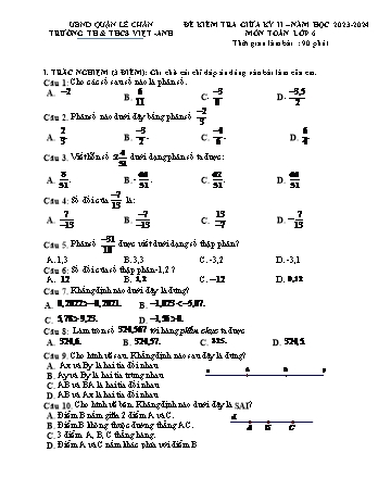 Đề kiểm tra giữa học kì II Toán 6 - Năm học 2023-2024 - Trường TH&THCS Việt-Anh (Có đáp án + Ma trận)